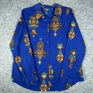 Motto Top Blouse Women 14 Blue Stretch Chiffon Printed Button Down Jeweled Print